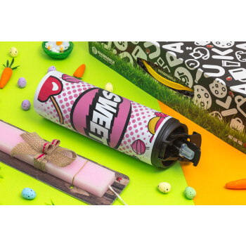 SWEET, Easter candle,Travel Tumbler 2 Lids, with metal straw & cleaning brush & aromatic flat candle (30cm) (PINK)