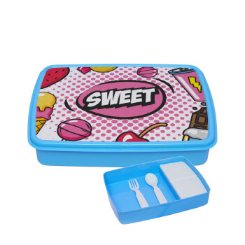 SWEET, ΜΠΛΕ παιδικό δοχείο φαγητού (lunchbox) πλαστικό με παιδικά μαχαιροπίρουρα & 2 εσωτερικά δοχεία (BPA-FREE) Lunch Βox M23 x Π18 x Υ4cm