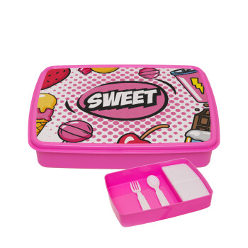 SWEET, ΡΟΖ παιδικό δοχείο φαγητού (lunchbox) πλαστικό με παιδικά μαχαιροπίρουρα & 2 εσωτερικά δοχεία (BPA-FREE) Lunch Βox M23 x Π18 x Υ4cm