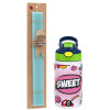 Easter Set, Children's thermal stainless steel bottle with safety straw, green/blue (350ml) & aromatic flat Easter candle (30cm) (TURQUOISE)