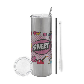 SWEET, Eco friendly stainless steel Silver tumbler 600ml, with metal straw & cleaning brush