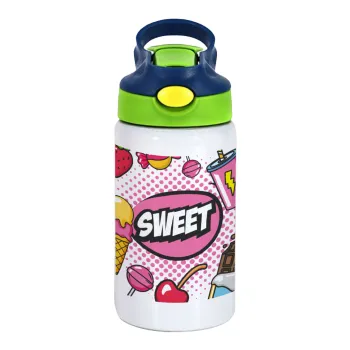 SWEET, Children's hot water bottle, stainless steel, with safety straw, green, blue (350ml)