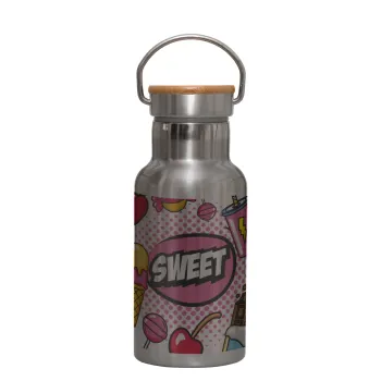 SWEET, Stainless steel metallic thermos flask, silver with a bamboo lid, double-walled, 350ml.