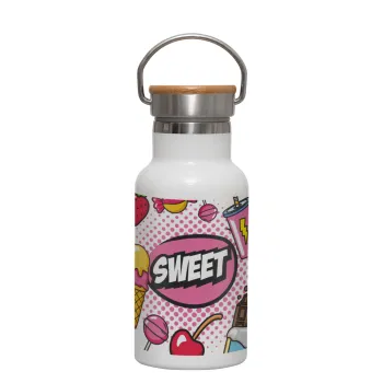 SWEET, Metallic thermos (Stainless steel) White with wooden lid (bamboo), double-walled, 350ml