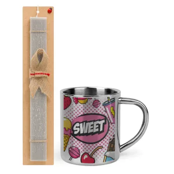 SWEET, Easter Set, metallic thermal cup (300ml) & Easter aromatic flat candle (30cm) (GRAY)