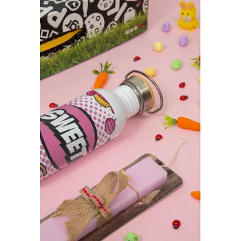 SWEET, Πασχαλινή Λαμπάδα με παγούρι μεταλλικό (620ml, stainless steel) & κερί αρωματικό πλακέ (30cm) (ΡΟΖ)