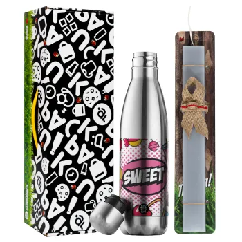 SWEET, Easter Set, metallic stainless thermos flask (500ml) & scented flat Easter candle (30cm) (GRAY)