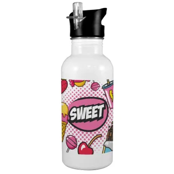 SWEET, Παγούρι νερού Λευκό με καλαμάκι, ανοξείδωτο ατσάλι 600ml