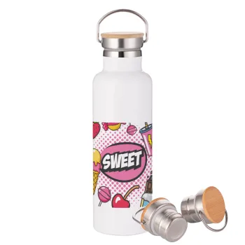 SWEET, Stainless steel White with wooden lid (bamboo), double wall, 750ml