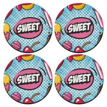 SWEET, SET of 4 round wooden coasters (9cm)