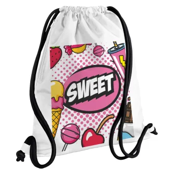 SWEET, Backpack pouch GYMBAG white, with pocket (40x48cm) & thick cords