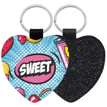 SWEET, Μπρελόκ PU δερμάτινο glitter καρδιά ΜΑΥΡΟ