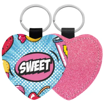 SWEET, Μπρελόκ PU δερμάτινο glitter καρδιά ΡΟΖ
