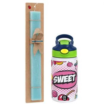 SWEET, Easter Set, Children's thermal stainless steel bottle with safety straw, green/blue (350ml) & aromatic flat Easter candle (30cm) (TURQUOISE)