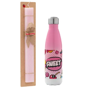 SWEET, Easter Set, Metallic pink/white (Stainless steel) thermos, double-walled, 500ml & aromatic flat Easter candle (30cm) (PINK)
