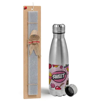 SWEET, Easter Set, metallic Inox water bottle (750ml) & aromatic flat Easter candle (30cm) (GRAY)