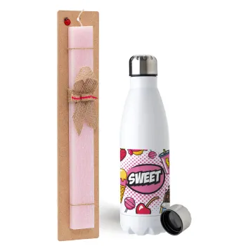 SWEET, Easter Set, metallic stainless steel water bottle (750ml) & scented flat Easter candle (30cm) (PINK)