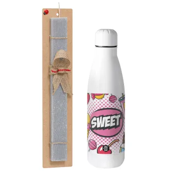 SWEET, Πασχαλινή Λαμπάδα με μεταλλικό παγούρι θερμός ανοξείδωτο (500ml) & κερί αρωματικό πλακέ (30cm) (ΓΚΡΙ)