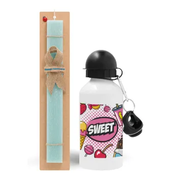 SWEET, Easter Set, metallic aluminum water bottle (500ml) & scented flat candle (30cm) (TURQUOISE)