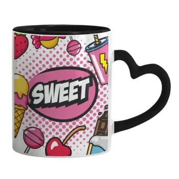 SWEET, Κούπα καρδιά χερούλι μαύρη, κεραμική, 330ml