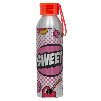 SWEET, Αλουμινένιο Αθλητικό Μπουκάλι 650ml – Ασημί με Κόκκινο Καπάκι και Λουράκι Σιλικόνης
