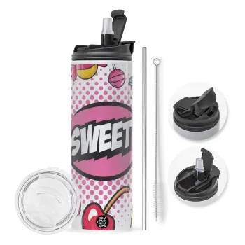 SWEET, Travel Tumbler 2 Lids, with metal straw & cleaning brush (Stainless steel 304 Food grade, BPA free, 600ml)