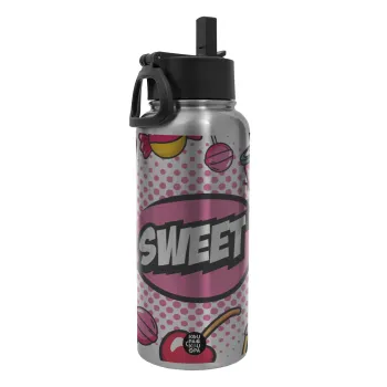 SWEET, Metal mug thermo Silver with Straw and Spout Lid (Stainless steel), double wall, 950ml
