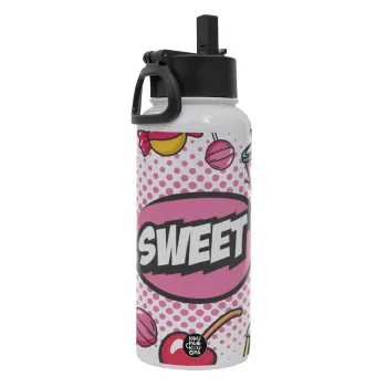 SWEET, Metal mug thermo White with Straw and Spout Lid (Stainless steel), double wall, 950ml