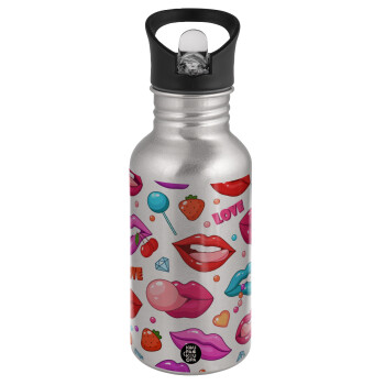LIPS, Water bottle Silver with straw, stainless steel 500ml