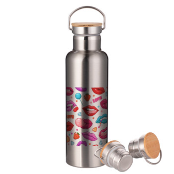 LIPS, Stainless steel Silver with wooden lid (bamboo), double wall, 750ml