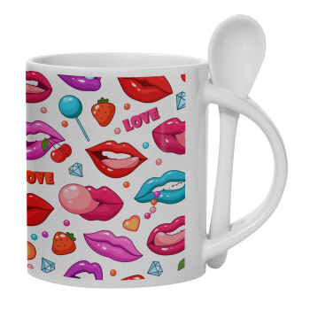 LIPS, Ceramic coffee mug with Spoon, 330ml (1pcs)