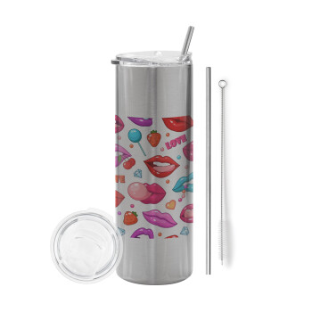 LIPS, Eco friendly stainless steel Silver tumbler 600ml, with metal straw & cleaning brush