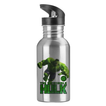 Hulk, Παγούρι νερού Ασημένιο με καλαμάκι, ανοξείδωτο ατσάλι 600ml