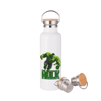 Hulk, Stainless steel White with wooden lid (bamboo), double wall, 750ml