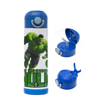 Hulk, Children's hot water bottle, stainless steel, with safety straw, BLUE (500ml)