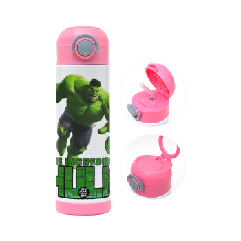 Hulk, Παιδικό παγούρι θερμό, ανοξείδωτο, με καλαμάκι ασφαλείας, ΡΟΖ (500ml)