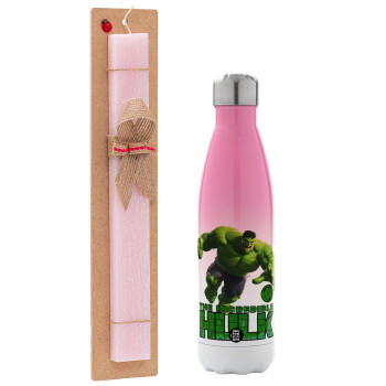 Hulk, Easter Set, Metallic pink/white (Stainless steel) thermos, double-walled, 500ml & aromatic flat Easter candle (30cm) (PINK)