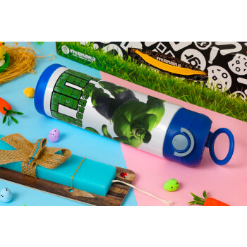 Hulk, Πασχαλινή Λαμπάδα με Παιδικό παγούρι θερμό, ανοξείδωτο, με καλαμάκι ασφαλείας, ΜΠΛΕ (500ml)