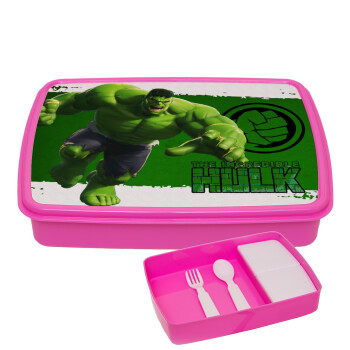 Hulk, ΡΟΖ παιδικό δοχείο φαγητού (lunchbox) πλαστικό με παιδικά μαχαιροπίρουρα & 2 εσωτερικά δοχεία (BPA-FREE) Lunch Βox M23 x Π18 x Υ4cm