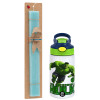 Easter Set, Children's thermal stainless steel bottle with safety straw, green/blue (350ml) & aromatic flat Easter candle (30cm) (TURQUOISE)