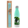 Easter Set, Metallic green/white thermos (Stainless steel), double-walled, 500ml & scented flat Easter candle (30cm) (TURQUOISE)