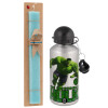Easter Set, metallic silver aluminum water bottle (500ml) & scented flat Easter candle (30cm) (TURQUOISE)