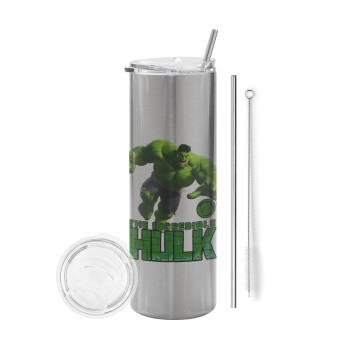 Hulk, Eco friendly ποτήρι θερμό Ασημένιο (tumbler) από ανοξείδωτο ατσάλι 600ml, με μεταλλικό καλαμάκι & βούρτσα καθαρισμού