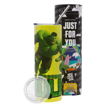 Hulk, Neon Yellow Travel Tumbler, with metal straw (Stainless steel 304 Food grade, BPA free, 600ml)