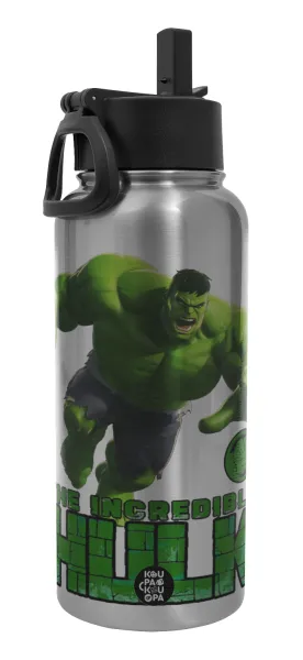 Hulk — Μεταλλικό παγούρι θερμός Silver με καλαμάκι και χερούλι (Stainless steel), διπλού τοιχώματος, 950ml
