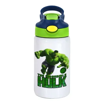 Hulk, Children's hot water bottle, stainless steel, with safety straw, green, blue (350ml)