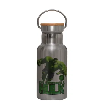 Hulk, Stainless steel metallic thermos flask, silver with a bamboo lid, double-walled, 350ml.