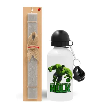 Hulk, Πασχαλινή Λαμπάδα με παγούρι μεταλλικό  αλουμινίου (500ml) & κερί αρωματικό πλακέ (30cm) (ΓΚΡΙ)