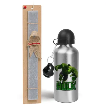 Hulk, Easter Set, metallic silver aluminum water bottle (500ml) & aromatic flat Easter candle (30cm) (GRAY)