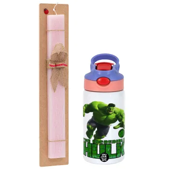 Hulk, Πασχαλινή Λαμπάδα με Παιδικό παγούρι θερμό, ανοξείδωτο, με καλαμάκι ασφαλείας, ροζ/μωβ (350ml) & κερί αρωματικό πλακέ (30cm) (ΡΟΖ)